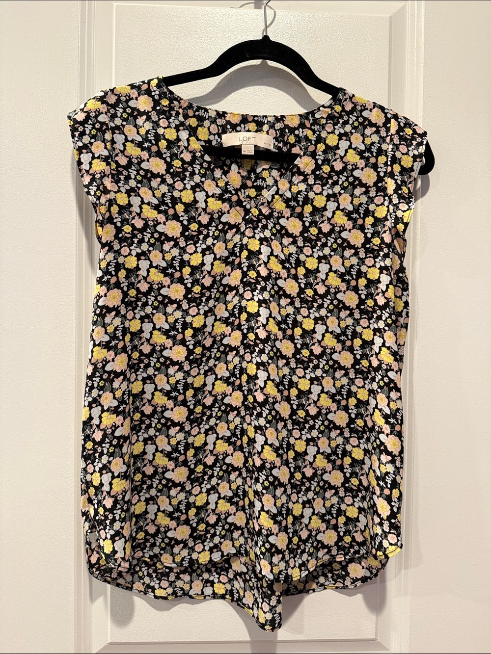 LOFT Black Floral Cap-Sleeve Top with Yellow and Pink Blooms